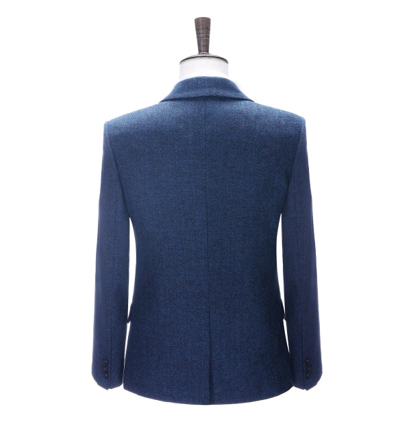 Men's Business 3 Pieces Formal  Royal Blue Herringbone Tweed Notch Lapel Suit (Blazer+vest+Pants) menseventwear