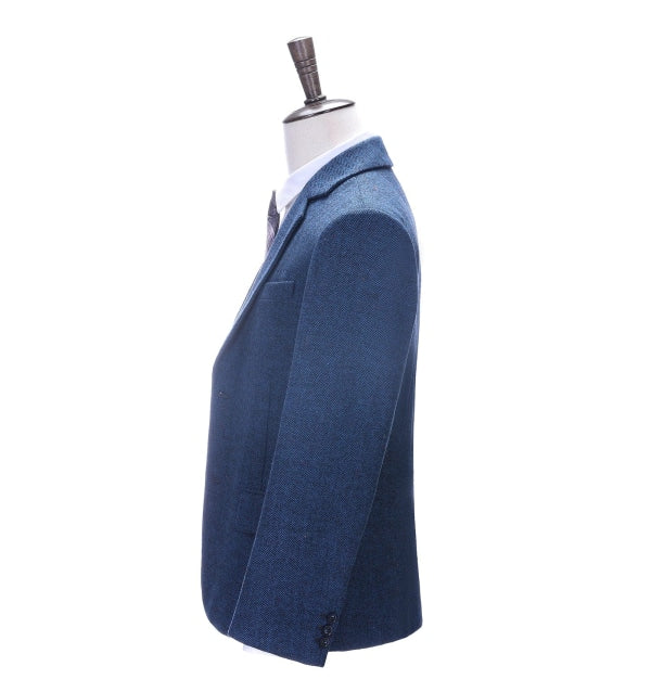 Men's Business 3 Pieces Formal  Royal Blue Herringbone Tweed Notch Lapel Suit (Blazer+vest+Pants) menseventwear