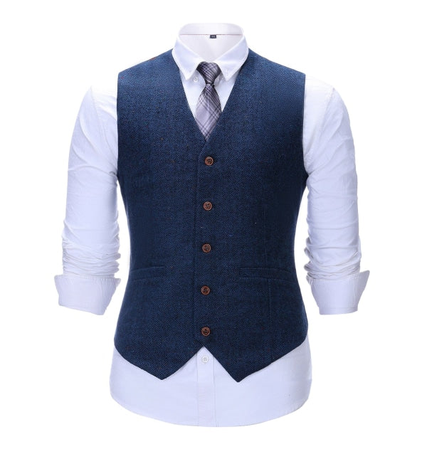 Men's Business 3 Pieces Formal  Royal Blue Herringbone Tweed Notch Lapel Suit (Blazer+vest+Pants) menseventwear