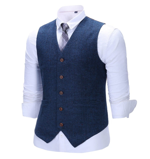 Men's Business 3 Pieces Formal  Royal Blue Herringbone Tweed Notch Lapel Suit (Blazer+vest+Pants) menseventwear