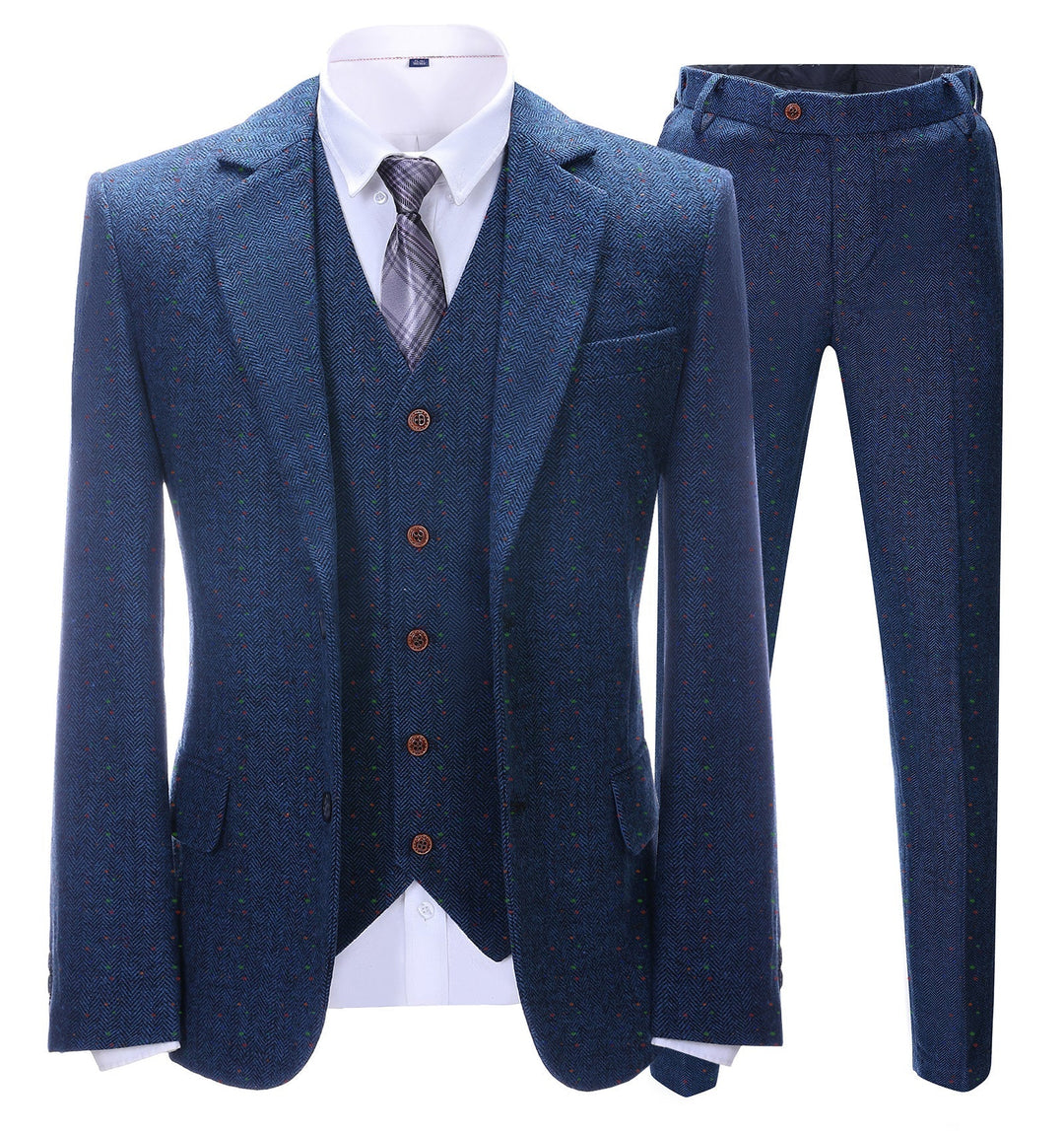 Men's Business 3 Pieces Formal  Royal Blue Herringbone Tweed Notch Lapel Suit (Blazer+vest+Pants) menseventwear