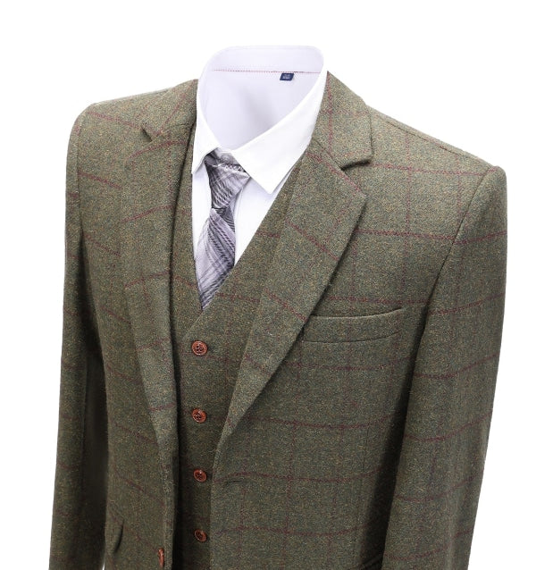 Men's Business 3 Pieces Mens Formal Tweed Plaid Notch Lapel Suit (Blazer+vest+Pants) Adam Reed