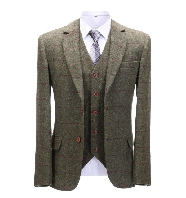 Men's Business 3 Pieces Mens Formal Tweed Plaid Notch Lapel Suit (Blazer+vest+Pants) Adam Reed