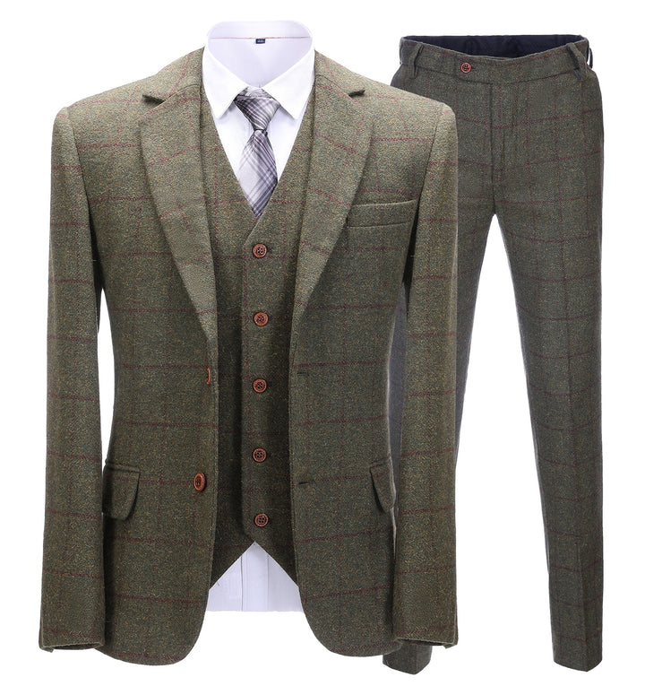 Men's Business 3 Pieces Mens Formal Tweed Plaid Notch Lapel Suit (Blazer+vest+Pants) Adam Reed