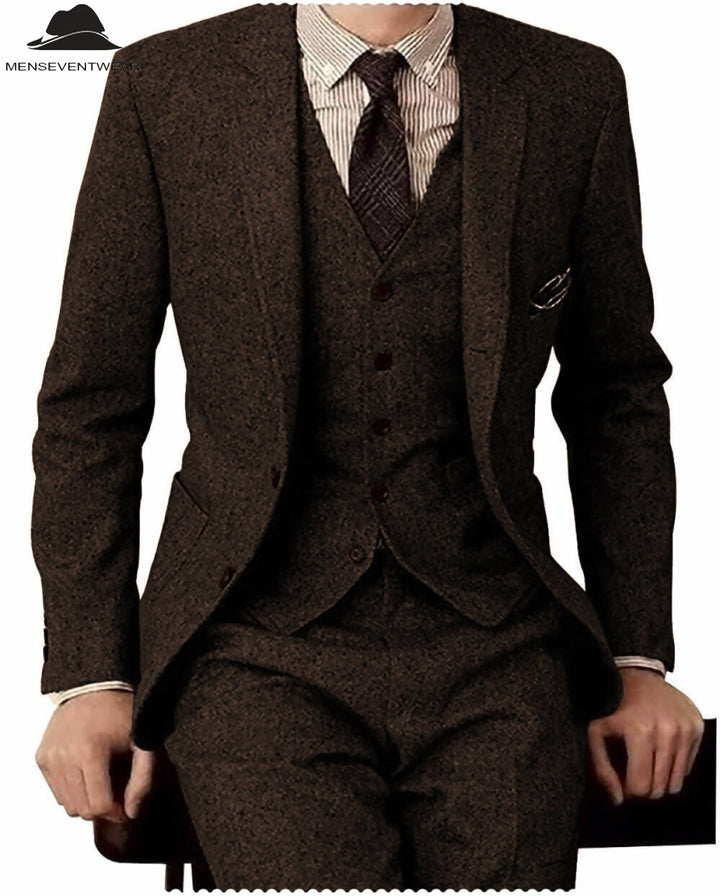 Men's Casual 3 Pieces Mens Suit Classic Tweed Notch Lapel Tuxedos (Blazer+vest+Pants) mens event wear
