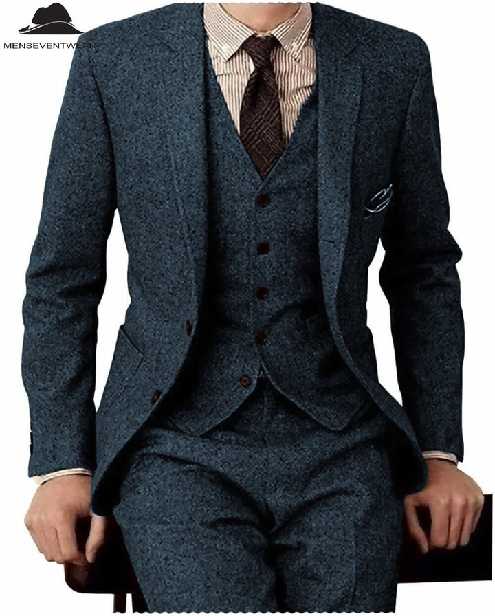 Men's Casual 3 Pieces Mens Suit Classic Tweed Notch Lapel Tuxedos (Blazer+vest+Pants) mens event wear