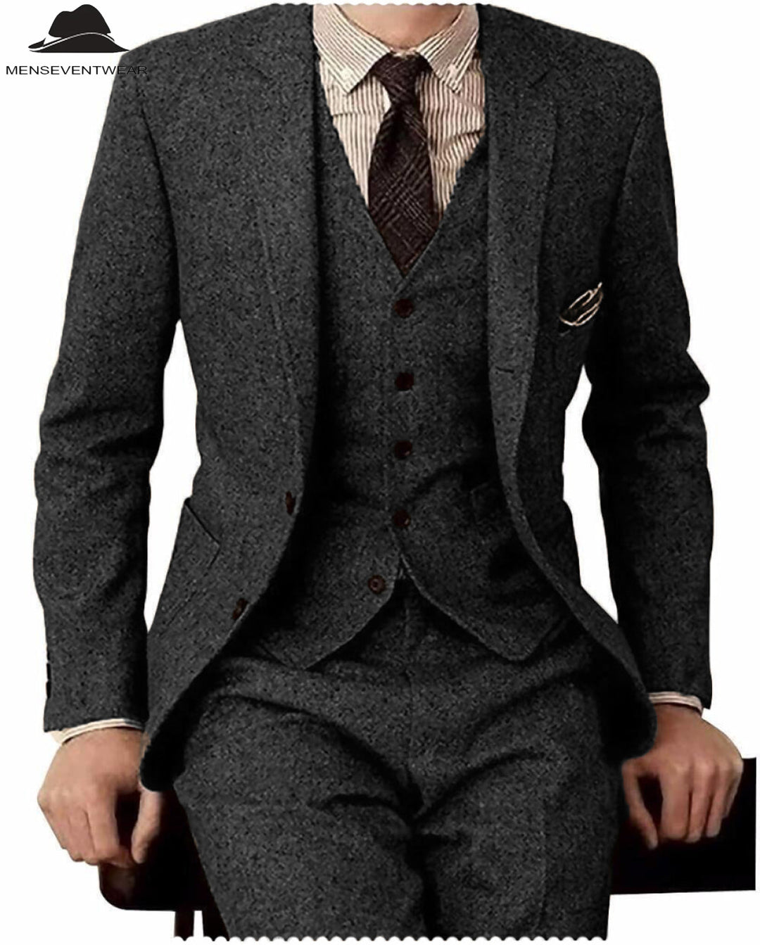 Men's Casual 3 Pieces Mens Suit Classic Tweed Notch Lapel Tuxedos (Blazer+vest+Pants) mens event wear