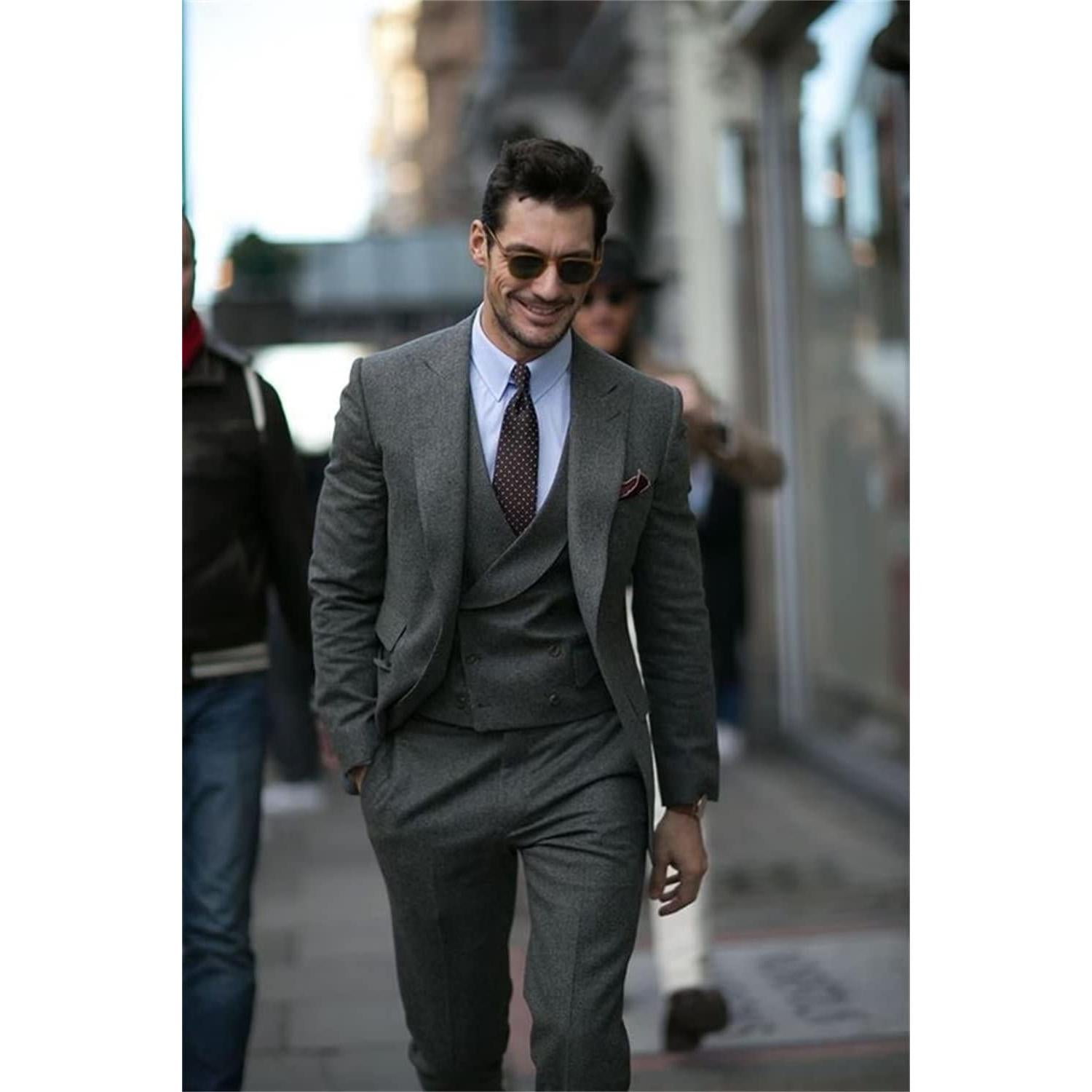 Menseventwear Men's Casual Pieces Mens Suit Classic Tweed Herringbone Peak Lapel Tuxedos (Blazer+vest+Pants)