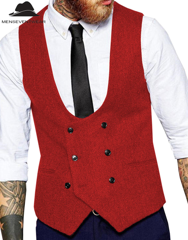 Men's Casual Double Breasted Tweed Herringbone U Neck Waistcoat menseventwear