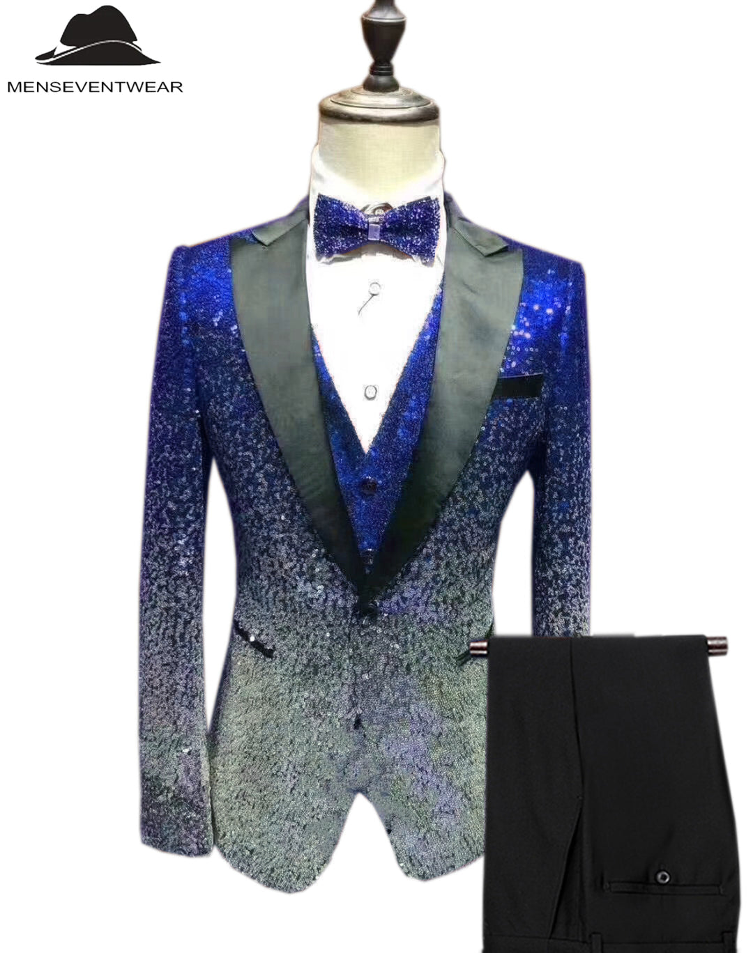Men's Fashion Gradient Sequined Tuxedo Suit Peak lapel Men's Suit (Blazer + Vest + Pants) mens event wear