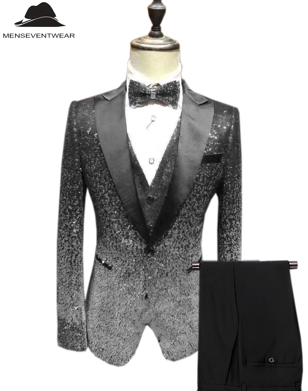 Men's Fashion Gradient Sequined Tuxedo Suit Peak lapel Men's Suit (Blazer + Vest + Pants) mens event wear