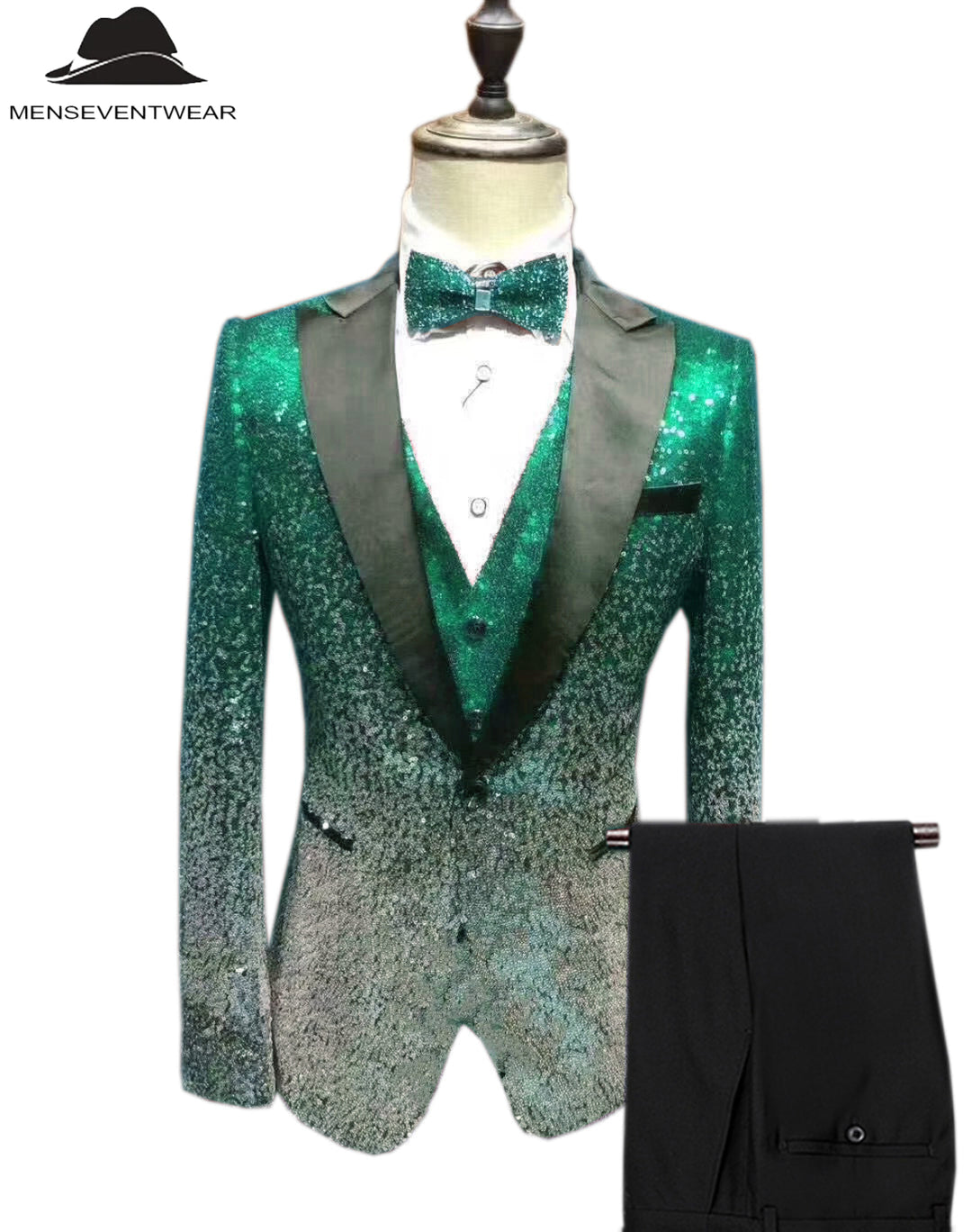 Men's Fashion Gradient Sequined Tuxedo Suit Peak lapel Men's Suit (Blazer + Vest + Pants) mens event wear
