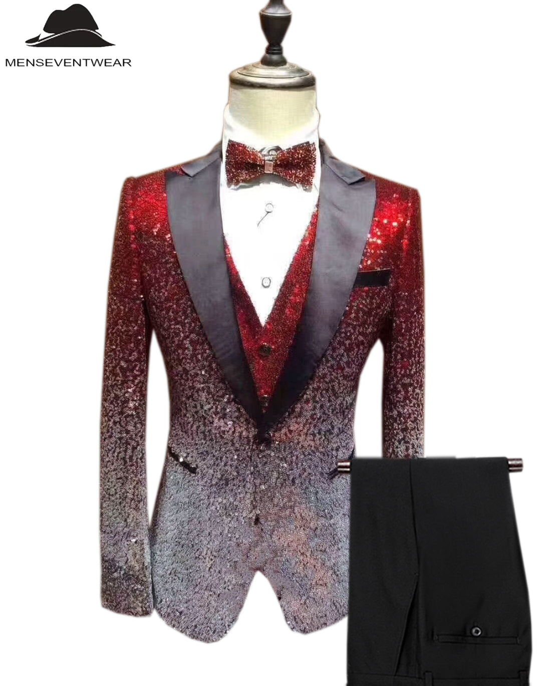 Men's Fashion Gradient Sequined Tuxedo Suit Peak lapel Men's Suit (Blazer + Vest + Pants) mens event wear