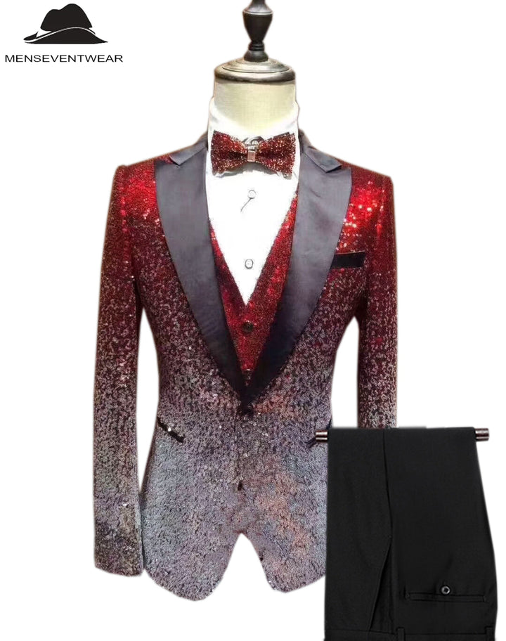 Men's Fashion Gradient Sequined Tuxedo Suit Peak lapel Men's Suit (Blazer + Vest + Pants) mens event wear