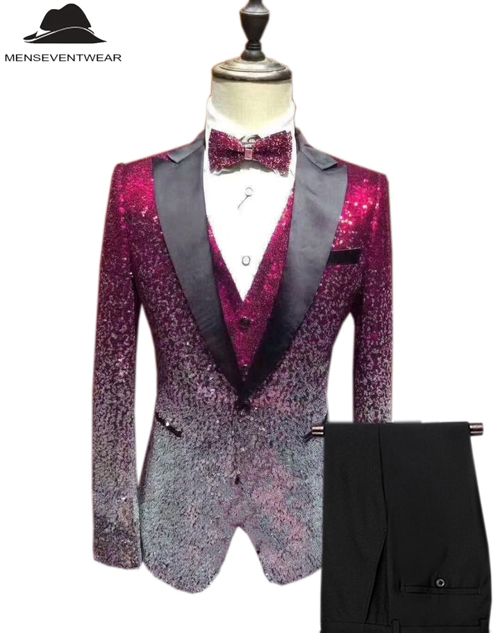 Men's Fashion Gradient Sequined Tuxedo Suit Peak lapel Men's Suit (Blazer + Vest + Pants) mens event wear