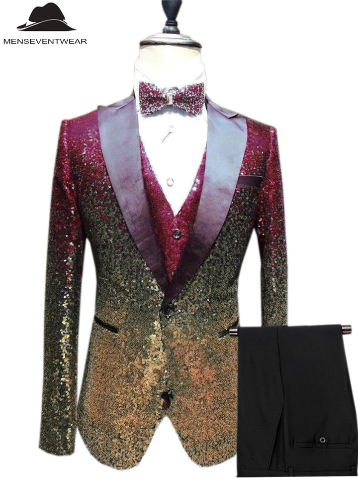 Men's Fashion Gradient Sequined Tuxedo Suit Peak lapel Men's Suit (Blazer + Vest + Pants) mens event wear