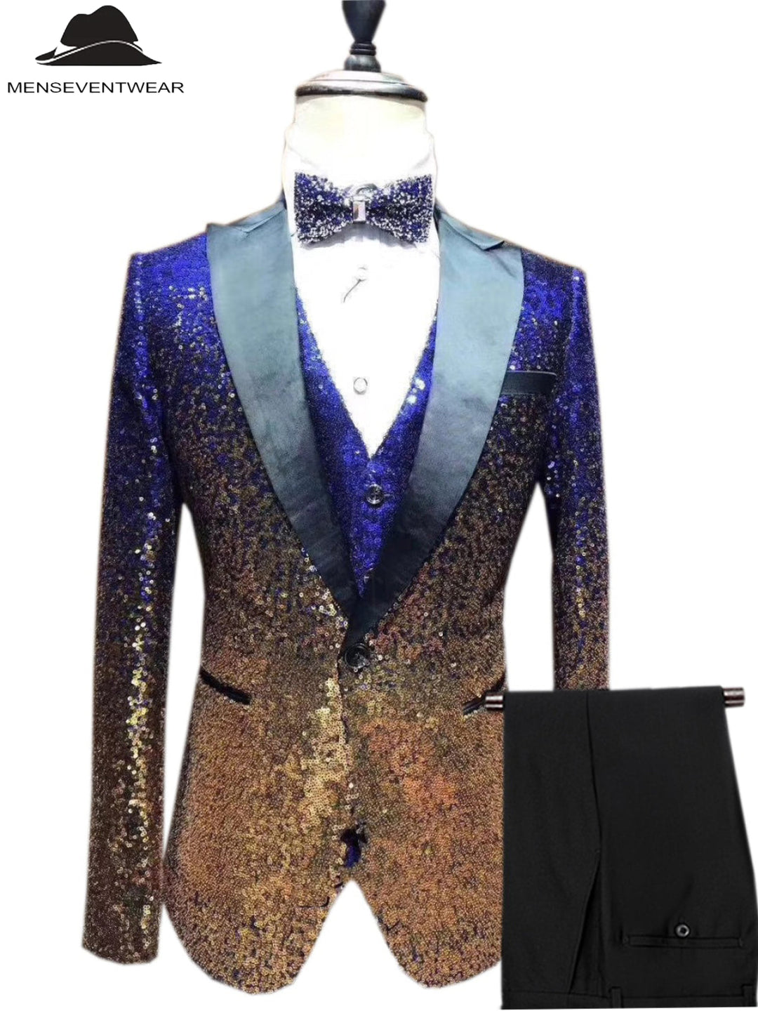 Men's Fashion Gradient Sequined Tuxedo Suit Peak lapel Men's Suit (Blazer + Vest + Pants) mens event wear