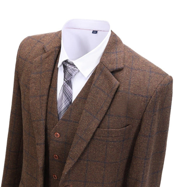 Men's Formal 3 Pieces Business Coffee Tweed Plaid Notch Lapel Suit (Blazer+vest+Pants) Adam Reed