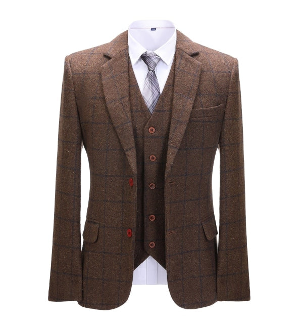 Men's Formal 3 Pieces Business Coffee Tweed Plaid Notch Lapel Suit (Blazer+vest+Pants) Adam Reed