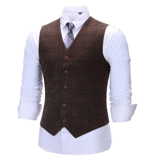 Men's Formal 3 Pieces Business Coffee Tweed Plaid Notch Lapel Suit (Blazer+vest+Pants) Adam Reed