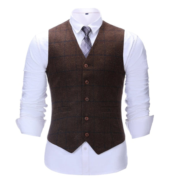 Men's Formal 3 Pieces Business Coffee Tweed Plaid Notch Lapel Suit (Blazer+vest+Pants) Adam Reed