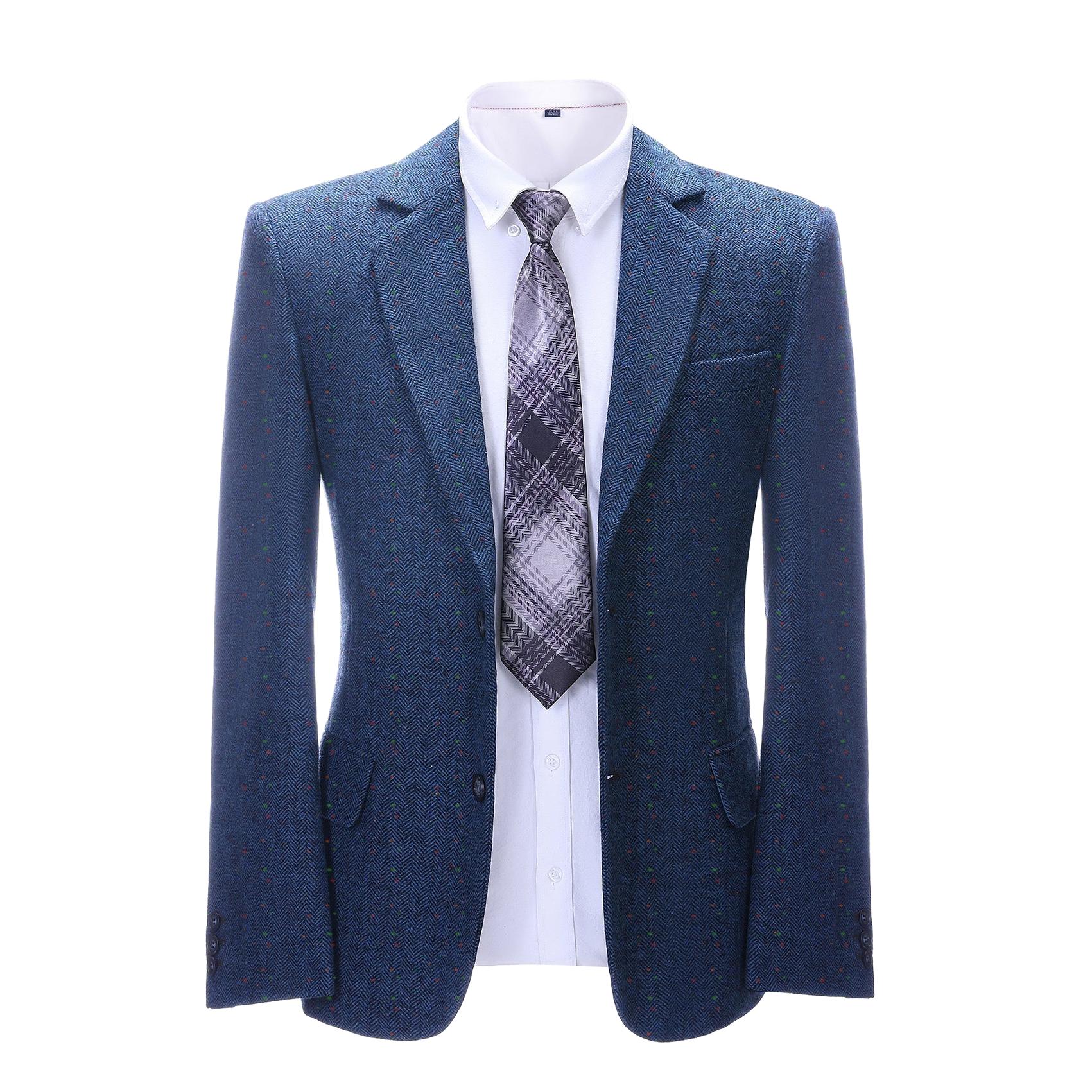 Menseventwear Men's Formal Royal Blue Herringbone Notch Lapel Blazer Business Tweed Jacket