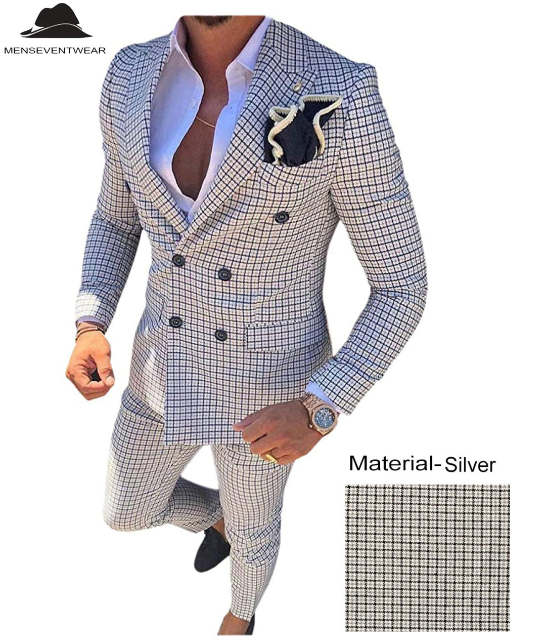 Men's Plaid 2 Piece Double Breasted Houndstooth Peak lapel Tuxedos (Blazer+Pants) mens event wear