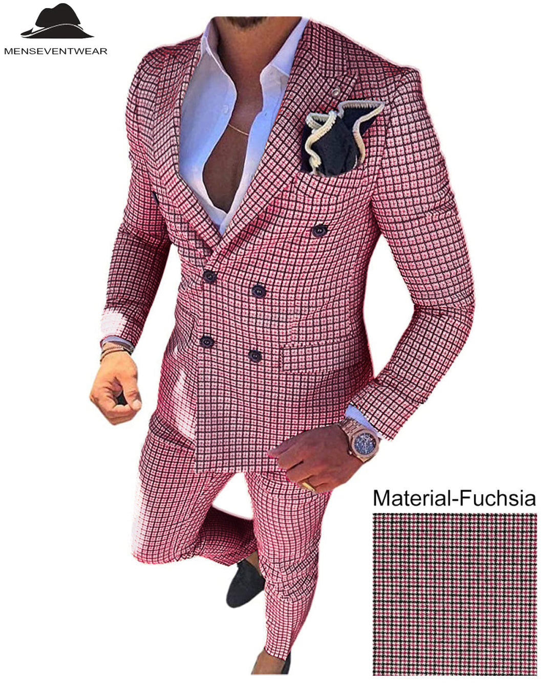 Men's Plaid 2 Piece Double Breasted Houndstooth Peak lapel Tuxedos (Blazer+Pants) mens event wear