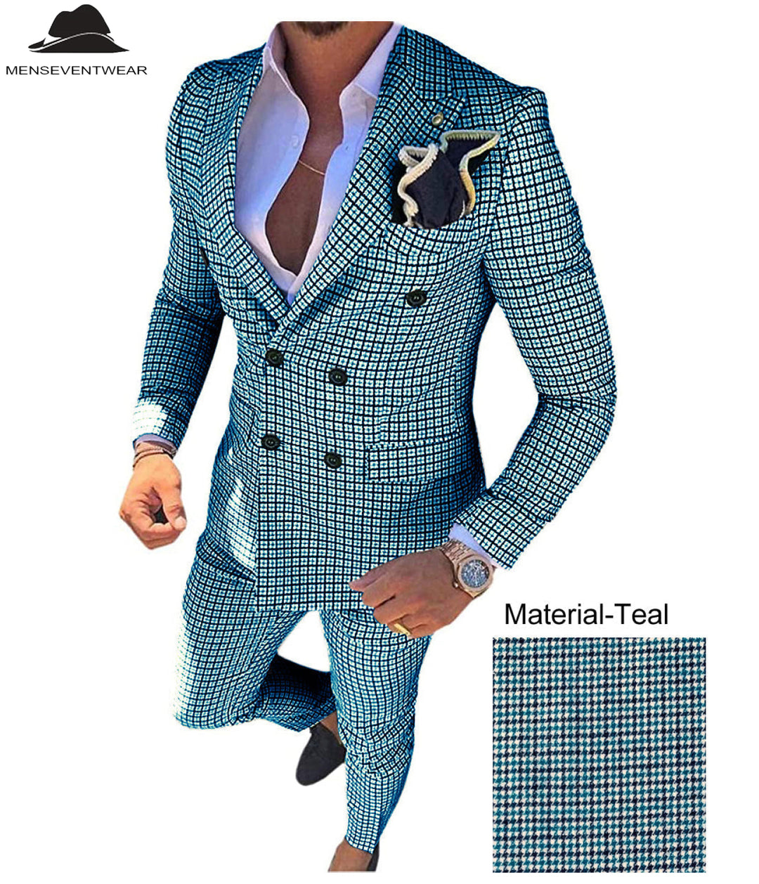 Men's Plaid 2 Piece Double Breasted Houndstooth Peak lapel Tuxedos (Blazer+Pants) mens event wear