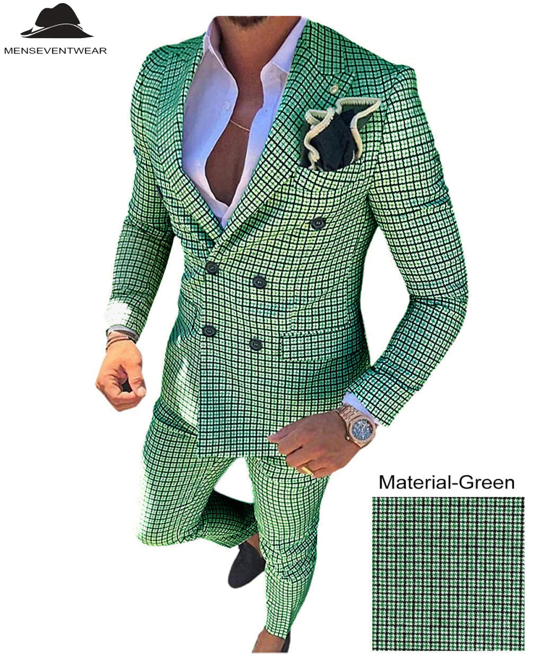 Men's Plaid 2 Piece Double Breasted Houndstooth Peak lapel Tuxedos (Blazer+Pants) mens event wear