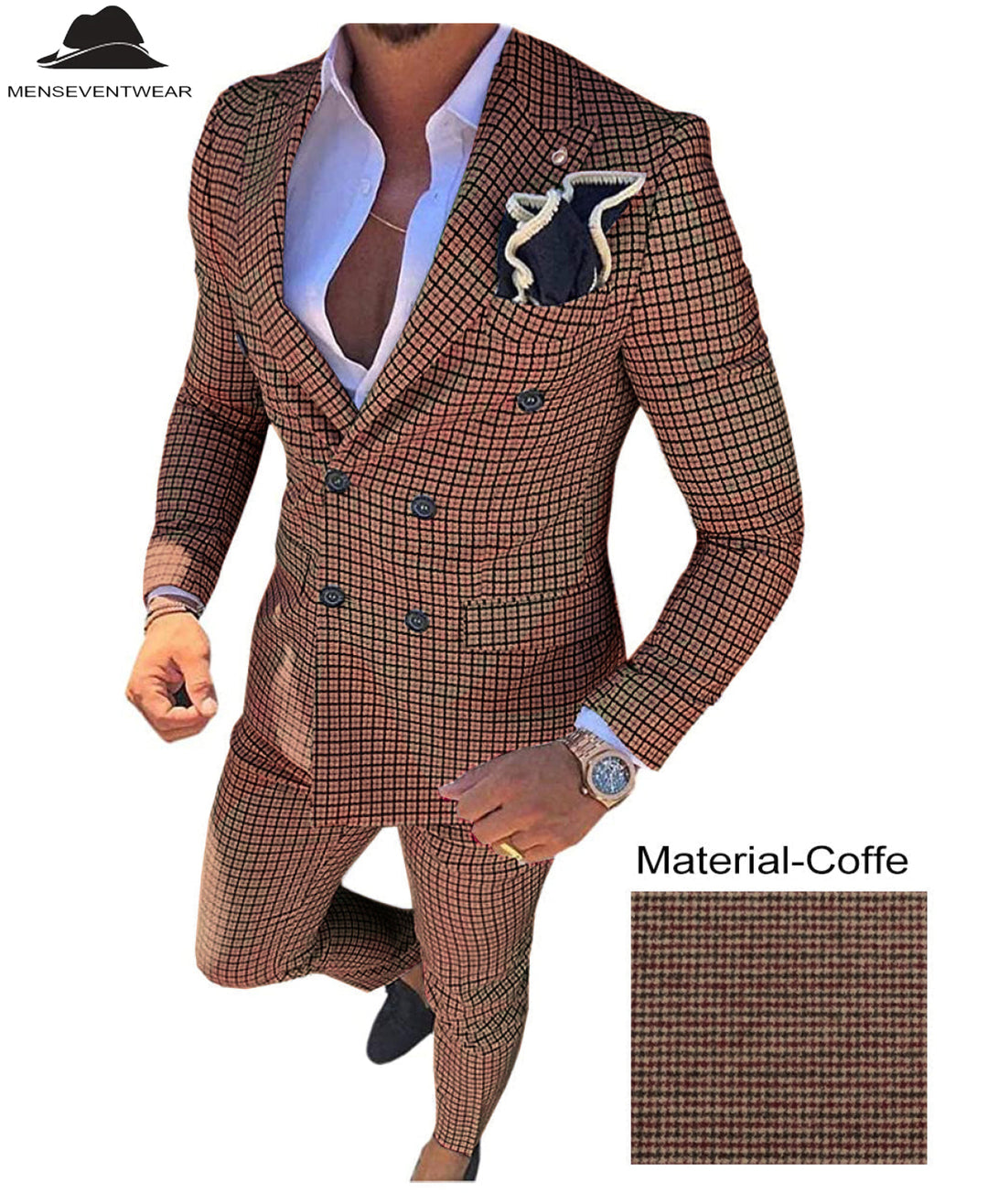 Men's Plaid 2 Piece Double Breasted Houndstooth Peak lapel Tuxedos (Blazer+Pants) mens event wear