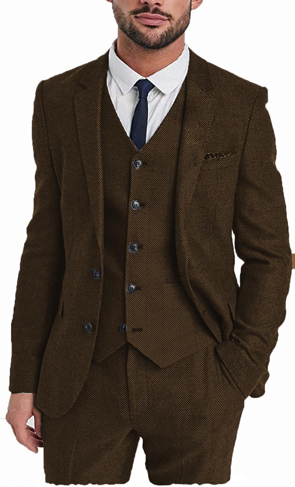 Vintage Classical 3 Pieces Mens Suit Herringbone Tweed Notch Lapel Tuxedos (Blazer+vest+Pants) mens event wear