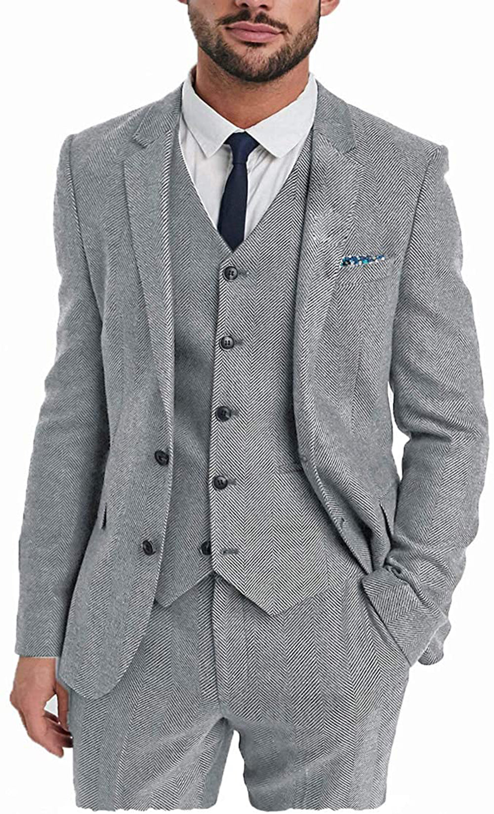 Vintage Classical 3 Pieces Mens Suit Herringbone Tweed Notch Lapel Tuxedos (Blazer+vest+Pants) mens event wear