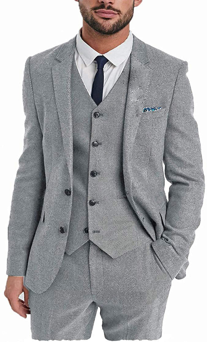 Vintage Classical 3 Pieces Mens Suit Herringbone Tweed Notch Lapel Tuxedos (Blazer+vest+Pants) mens event wear