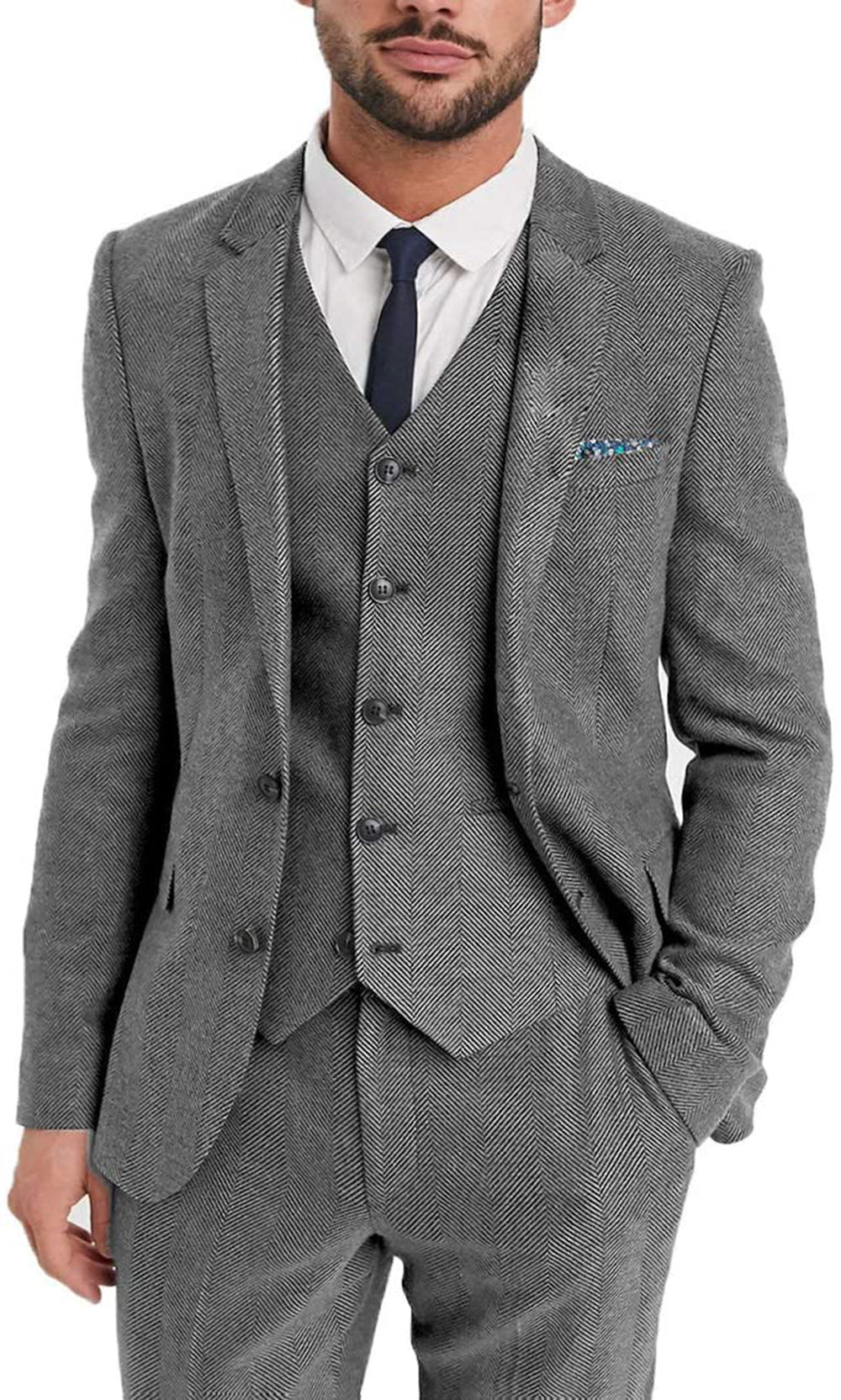 Vintage Classical 3 Pieces Mens Suit Herringbone Tweed Notch Lapel Tuxedos (Blazer+vest+Pants) mens event wear