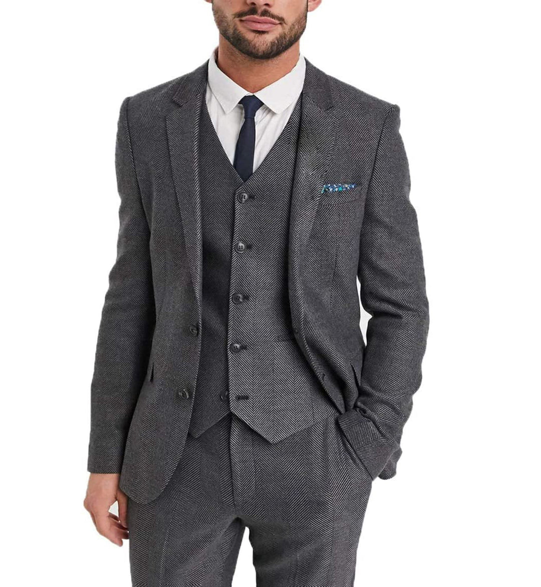 Vintage Classical 3 Pieces Mens Suit Herringbone Tweed Notch Lapel Tuxedos (Blazer+vest+Pants) mens event wear