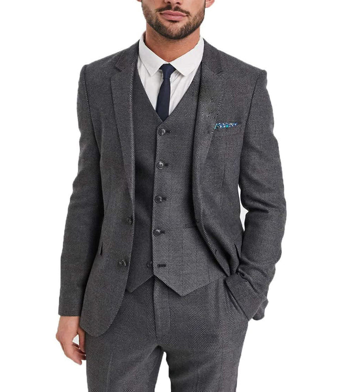 Vintage Classical 3 Pieces Mens Suit Herringbone Tweed Notch Lapel Tuxedos (Blazer+vest+Pants) mens event wear