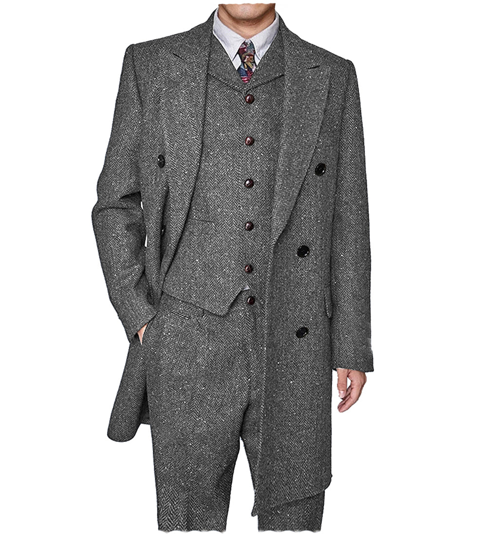 Vintage Classical 3 Pieces Mens Suit Herringbone Tweed Peak Lapel Tuxedos (Blazer+vest+Pants) mens event wear