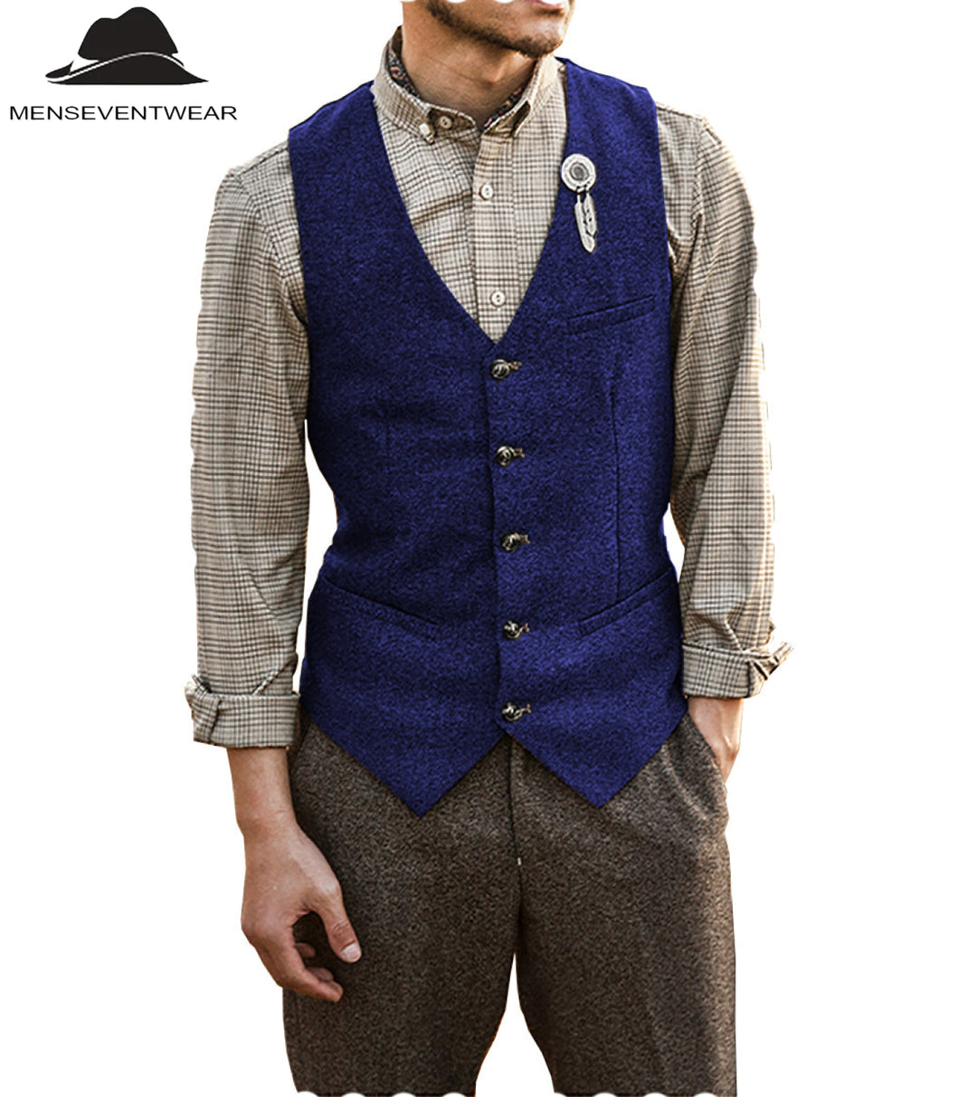 Vintage Classical Mens Slim Fit Tweed Herringbone V Neck Waistcoat mens event wear