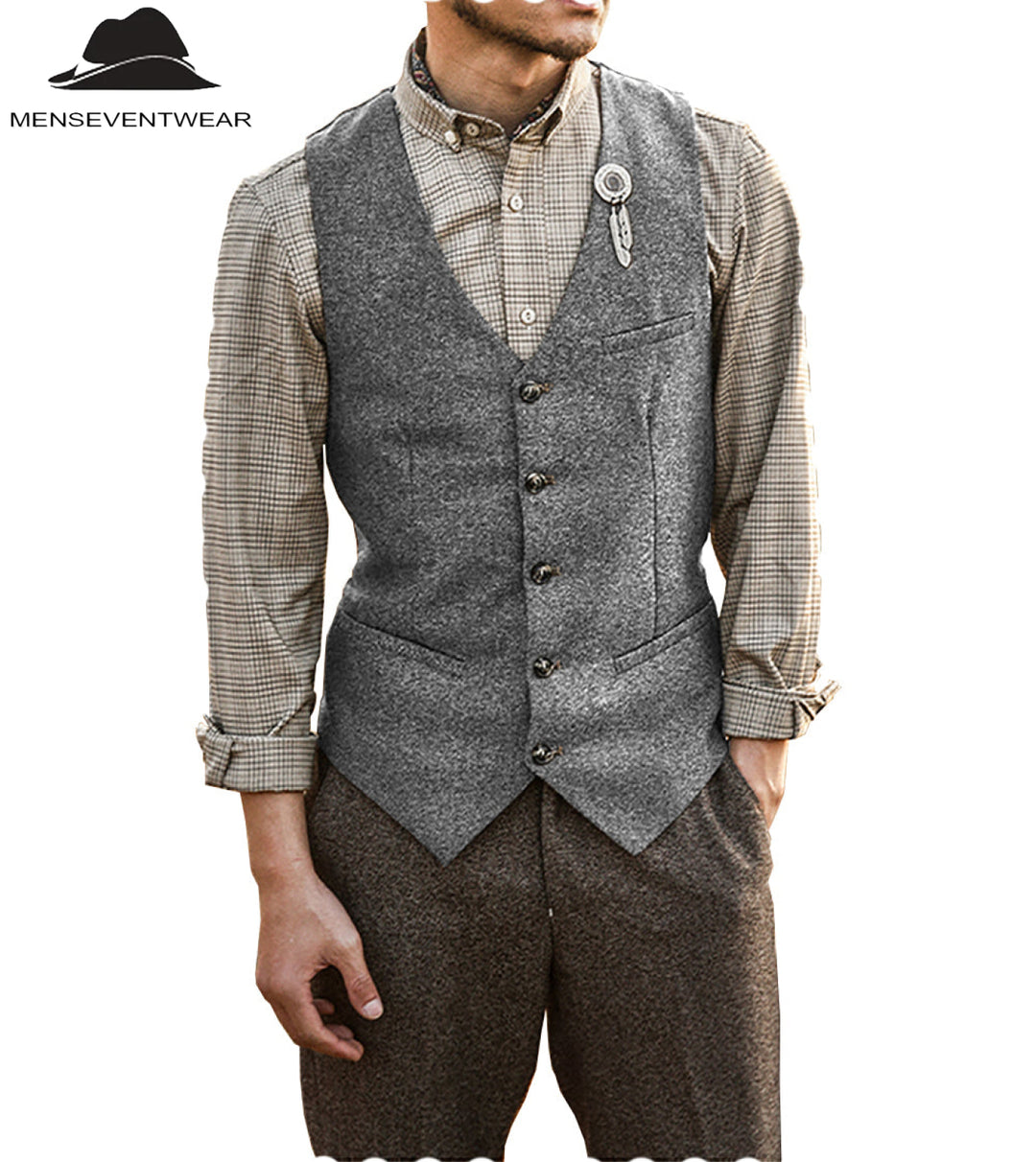 Vintage Classical Mens Slim Fit Tweed Herringbone V Neck Waistcoat mens event wear