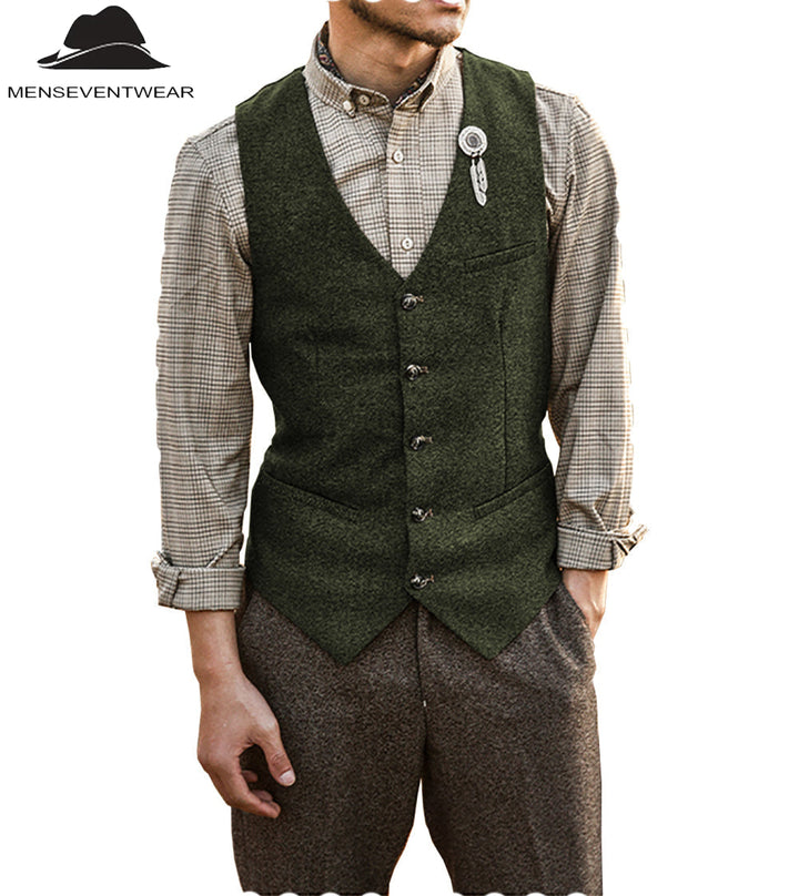 Vintage Classical Mens Slim Fit Tweed Herringbone V Neck Waistcoat mens event wear