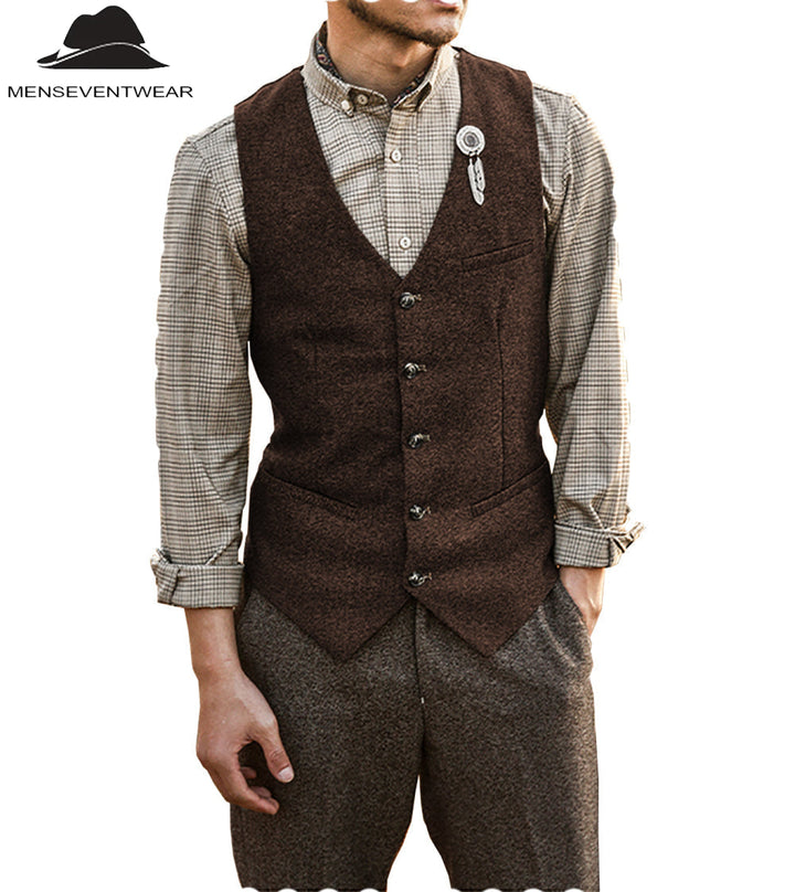 Vintage Classical Mens Slim Fit Tweed Herringbone V Neck Waistcoat mens event wear