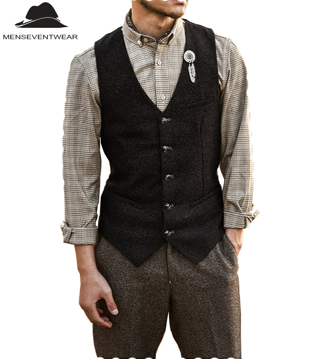 Vintage Classical Mens Slim Fit Tweed Herringbone V Neck Waistcoat mens event wear
