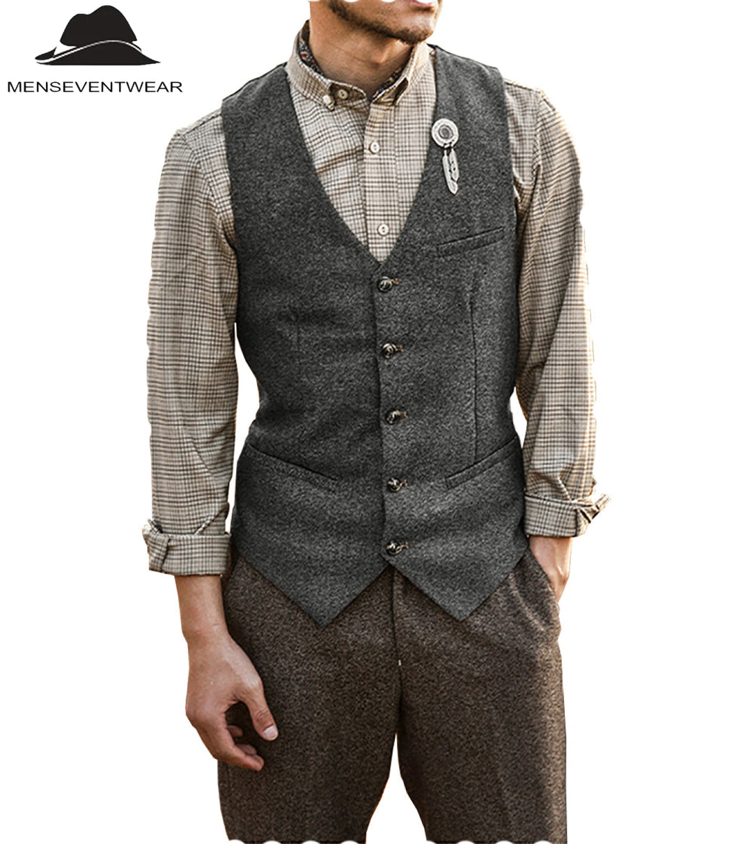 Vintage Classical Mens Slim Fit Tweed Herringbone V Neck Waistcoat mens event wear