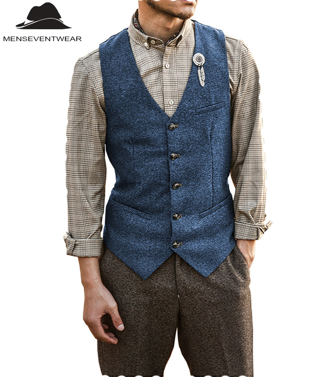 Vintage Classical Mens Slim Fit Tweed Herringbone V Neck Waistcoat mens event wear