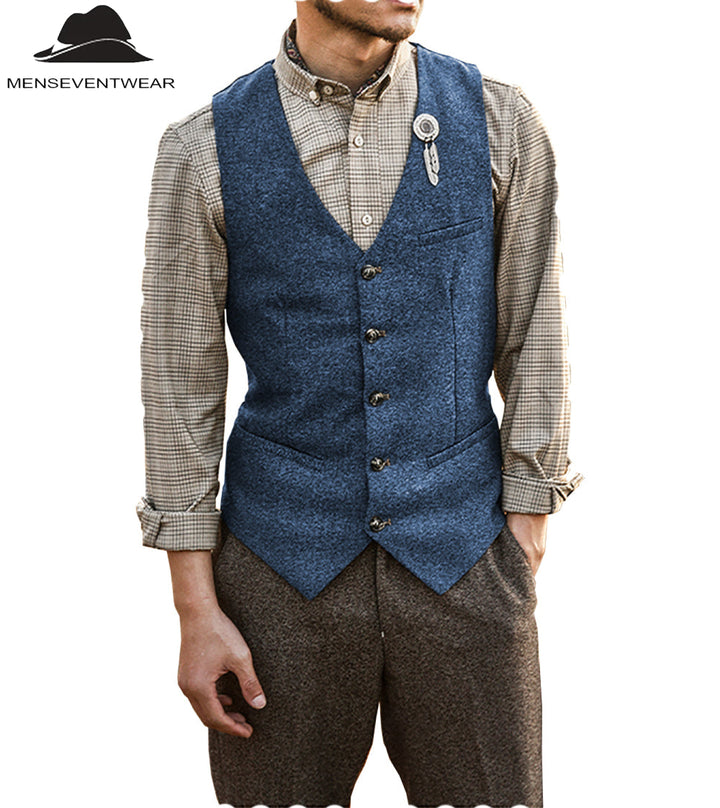 Vintage Classical Mens Slim Fit Tweed Herringbone V Neck Waistcoat mens event wear