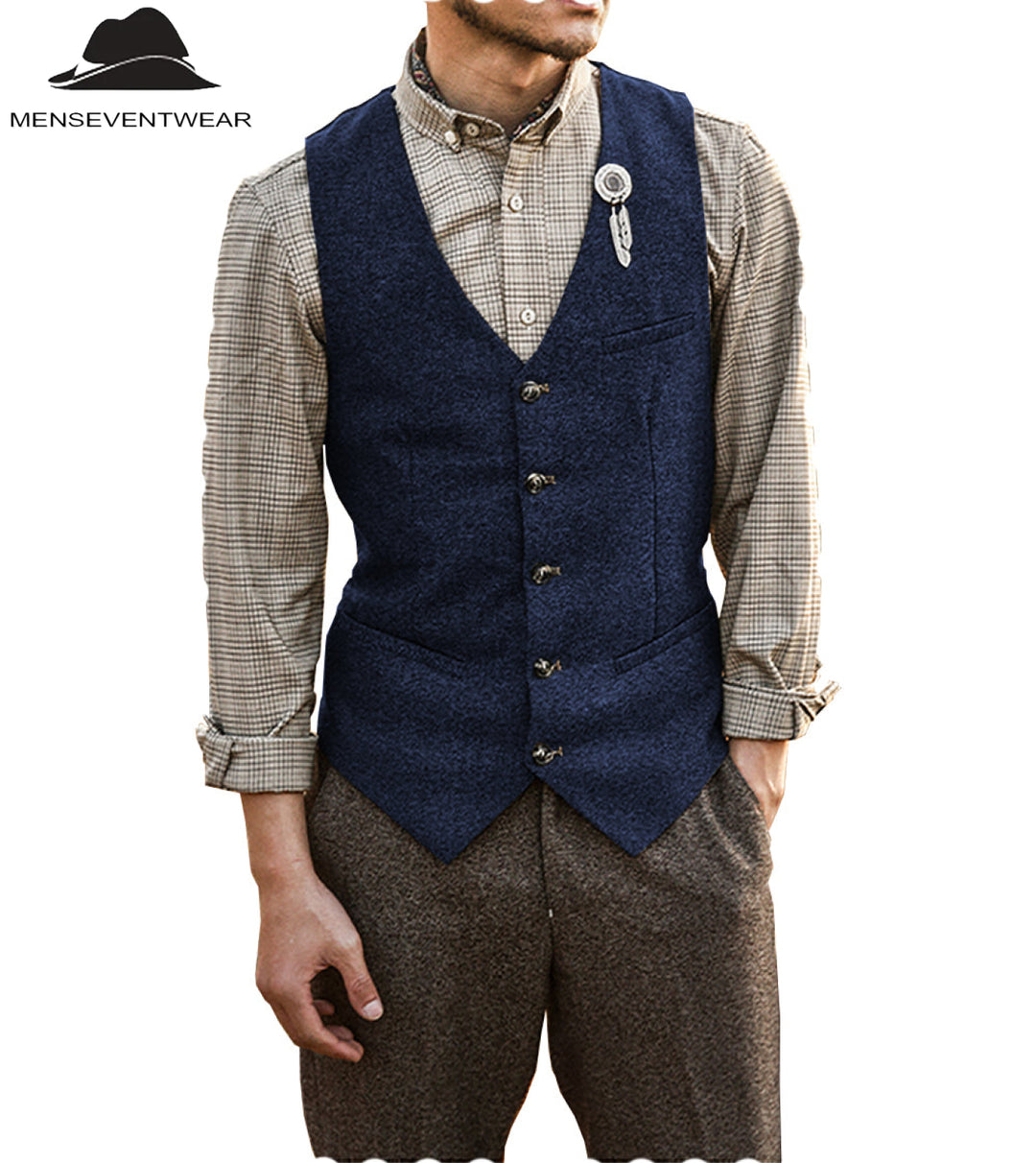 Vintage Classical Mens Slim Fit Tweed Herringbone V Neck Waistcoat mens event wear