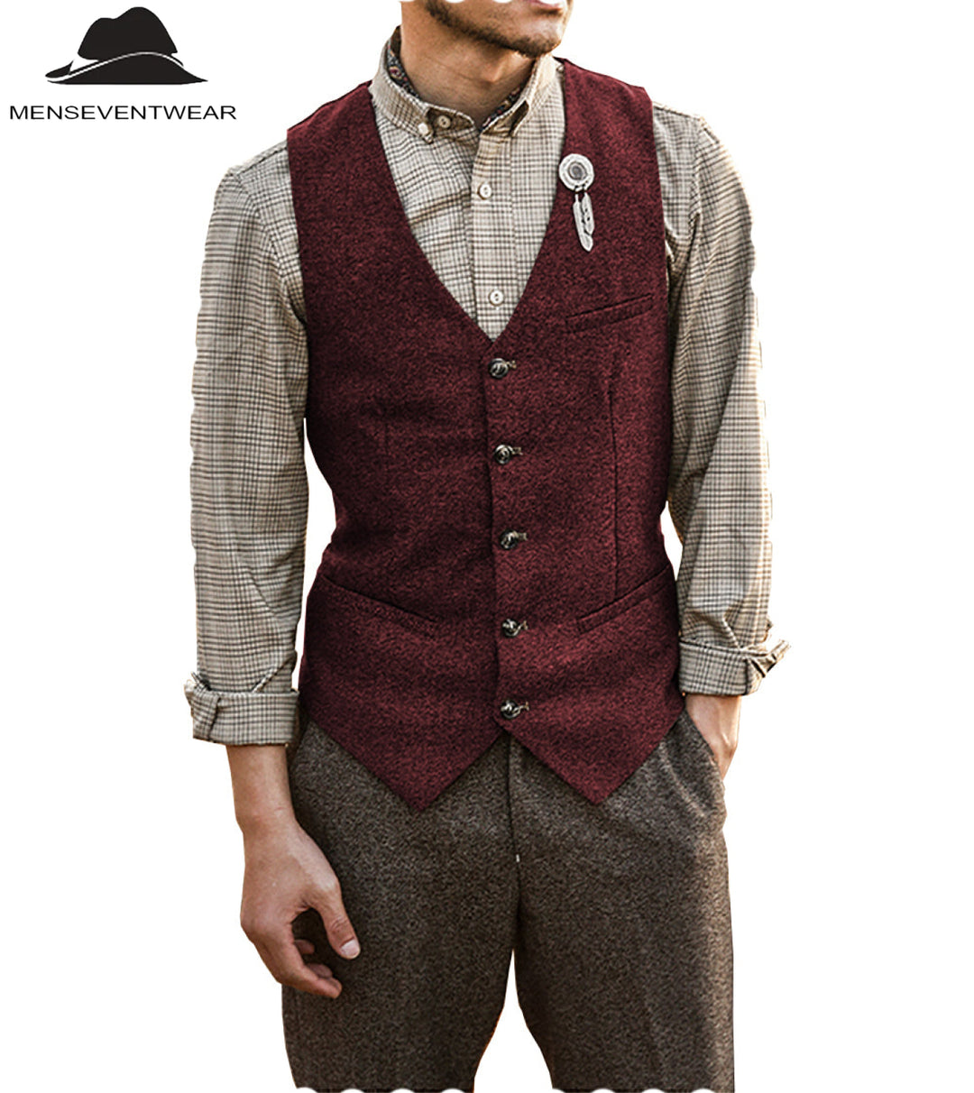 Vintage Classical Mens Slim Fit Tweed Herringbone V Neck Waistcoat mens event wear