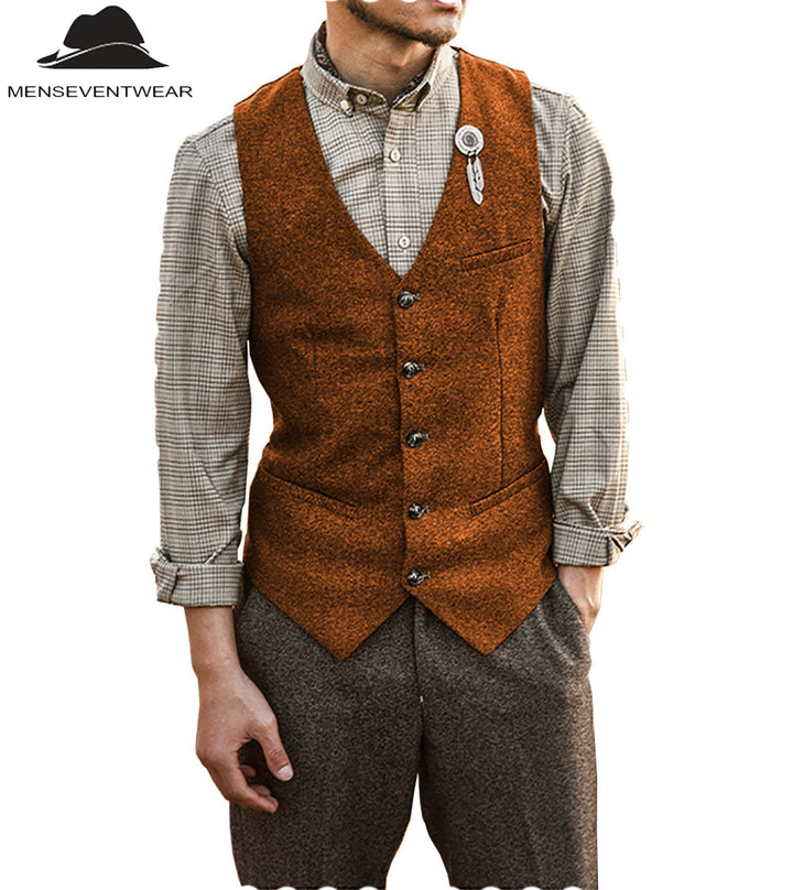 Vintage Classical Mens Slim Fit Tweed Herringbone V Neck Waistcoat mens event wear