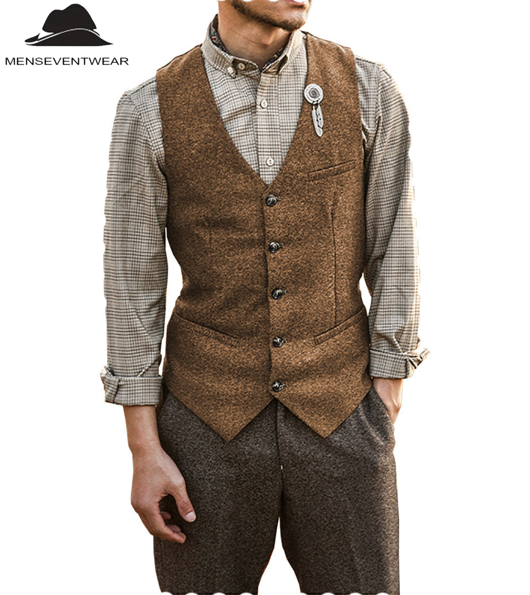 Vintage Classical Mens Slim Fit Tweed Herringbone V Neck Waistcoat mens event wear